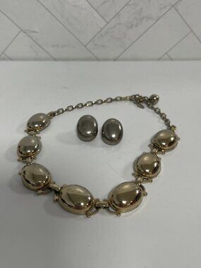 Vintage Marino Oval Metal Necklace and Matching Clip on Earrings Set